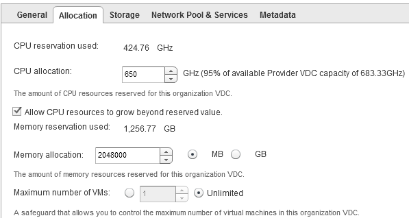 An example of a VCD reservation pool OrgVDC
