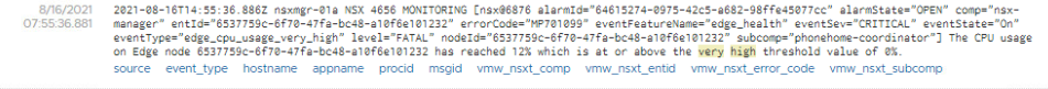 vRealize Log Insight showing 'Edge CPU Usage Very High' event.