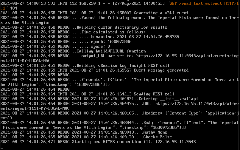 The test function is triggered and the text is reformatted and sent on to Log Insight.