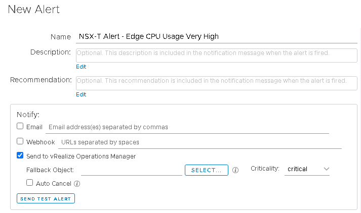 Sending an alert from vRLI to vROPs configuration screen.